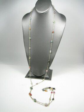 Metal Stone Beaded Long Necklace 70 Inches Multi Color Stones Layered Glam